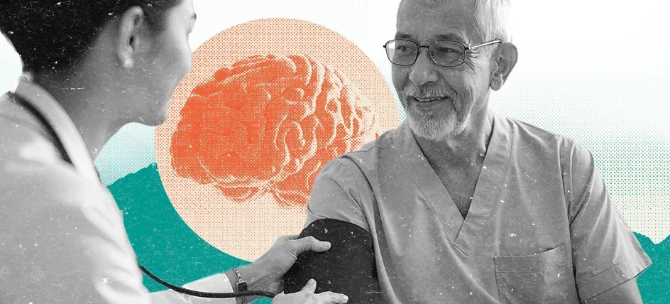 Doctor taking an older man's blood pressure with a brain in the background