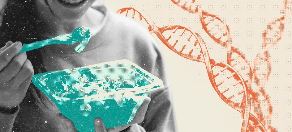 Person eating a salad with strands of dna in tha background.