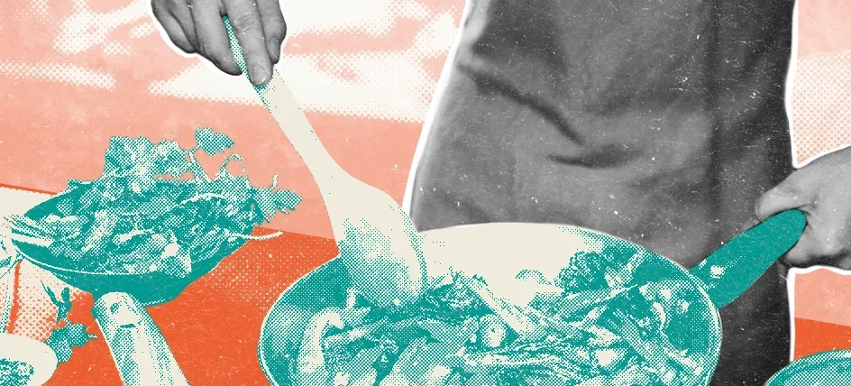 Someone cooking a healthy meal in a frying pan with vegetables off to the side