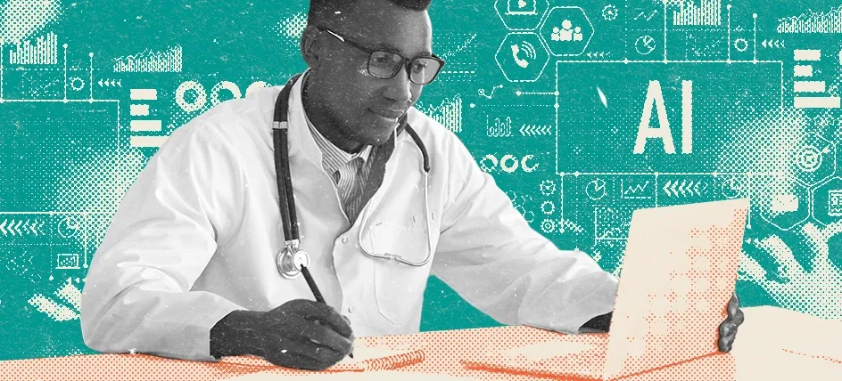 Doctor in a white coat looking at something on a laptop and taking notes on a pad of paper, with imagery representing ai in the background