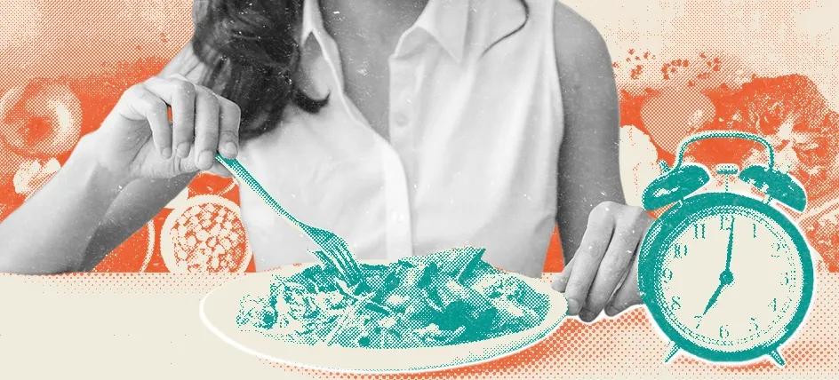 A woman eating a plate of food with a clock next to the plate representing the choice to fast or not
