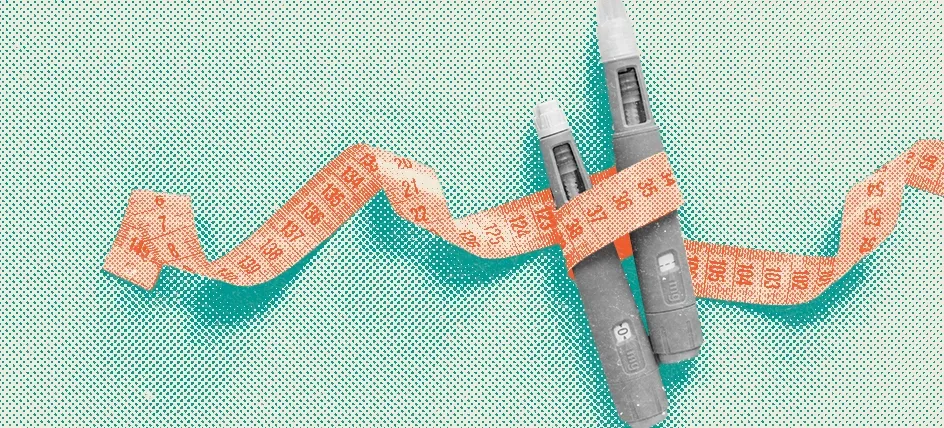 GLP-1 drugs wrapped in a measuring tape, representing weight management and diabetes care.