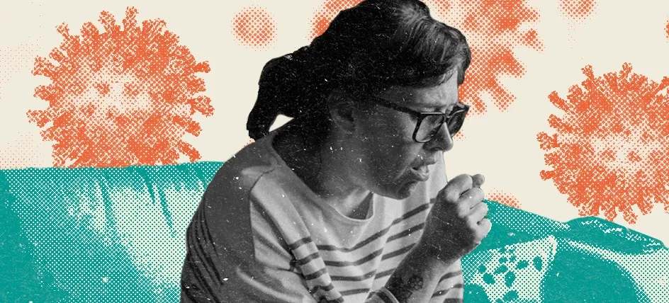 Woman coughing with RSV germs in the background