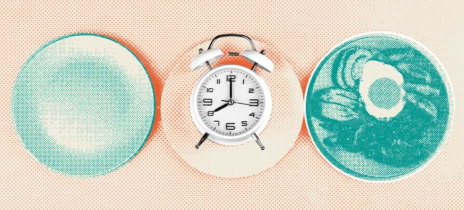 Three plates one empty, one with a clock, and one with food. Representing the choice of fasting before a blood draw.