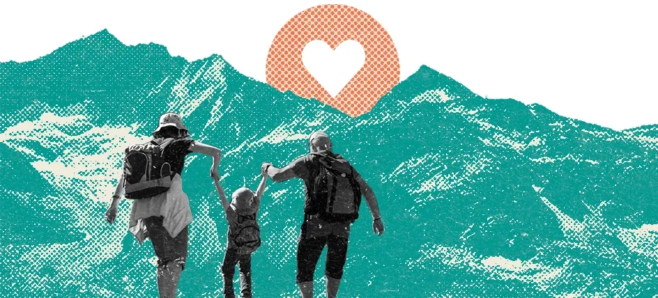 Two hikers with a child standing before a mountain at sunrise with a heart symbol in the sky, representing health, wellness, and the journey toward well-being.