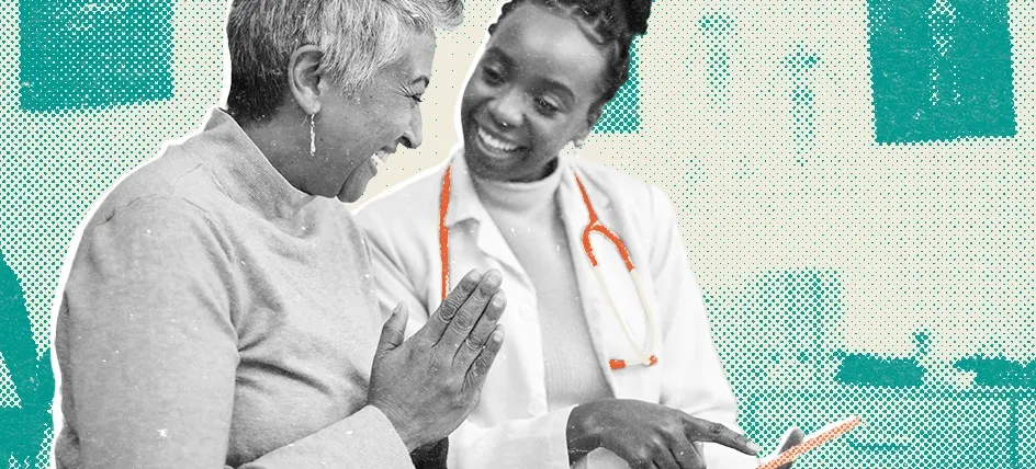 Female doctor smiling and speaking with a patient at a medical office, representing a supportive doctor-patient interaction.