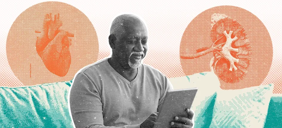 Man on a couch reading on a tablet with a heart and kidney in the background