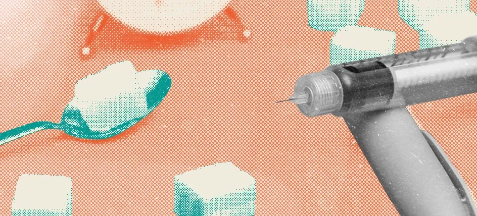 A conceptual image representing diabetes or blood sugar management, featuring a syringe-style insulin pen, sugar cubes scattered across a blue background, a spoon holding a sugar cube, and a white clock indicating time management.
