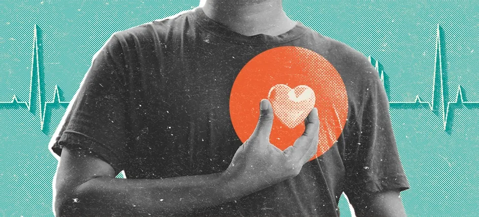 A man holding a heart over his chest with a heartbeat in the background
