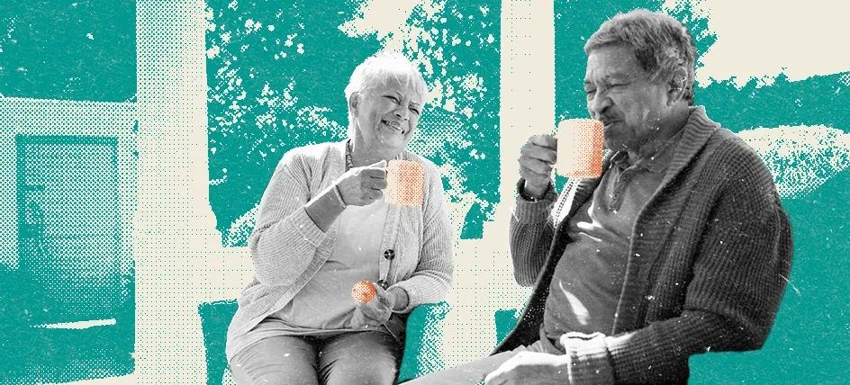 An older couple sitting on their porch drinking coffee