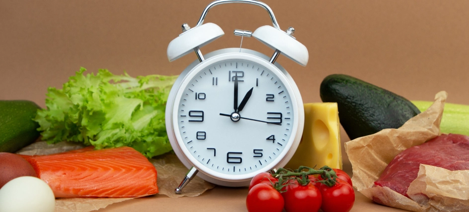 Alarm clock surrounded by fresh foods, representing intermittent fasting