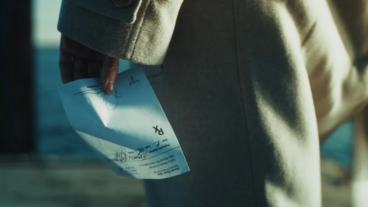 Close-up of a hand at the sleeve of a wool coat, holding a signed prescription.