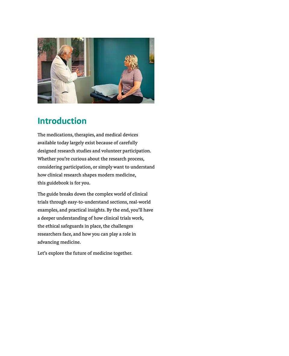 Introduction page with a photo of a doctor talking with a patient, explaining that the guidebook breaks down clinical trials through easy-to-understand sections, real-world examples, and practical insights