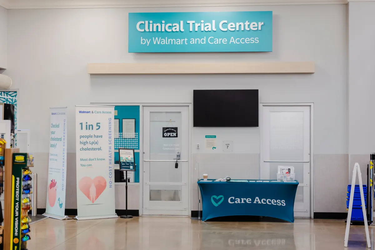 The Clinical Trial Center by Walmart and Care Access storefront inside a Walmart store
